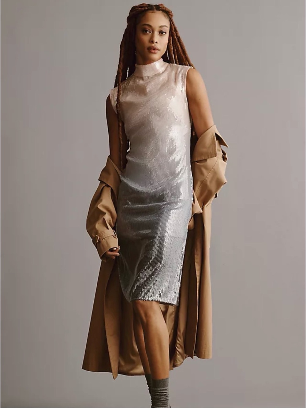 Anthropologie Silver Sequin Midi Sheath Dress